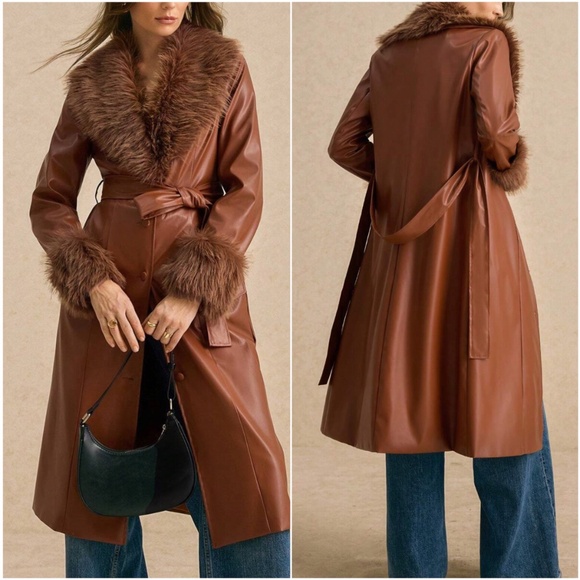 Luxe Camel Brown Vegan Fur Leather Pockets Button Down Jacket Coat - Picture 2 of 6
